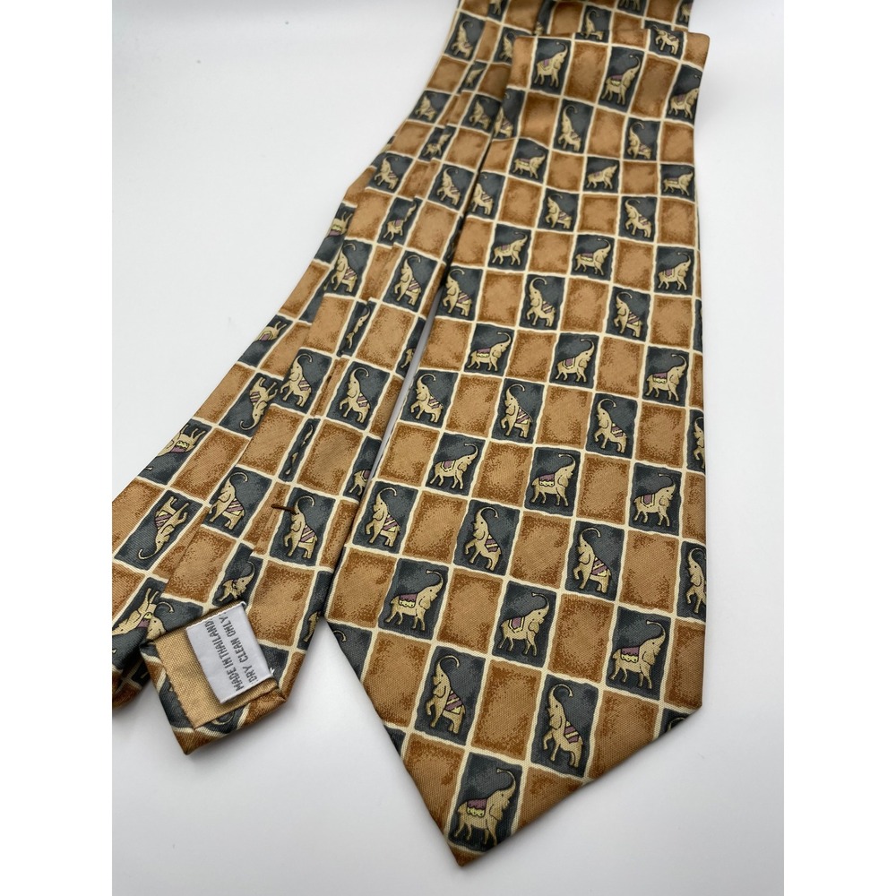 Jim Thompson Mens Silk Tie Gold Grey Elephant Grid Pattern Made in Thailand